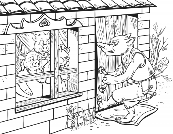 The Wolf Cannot Enter the Brick House of Penny Pig coloring page image