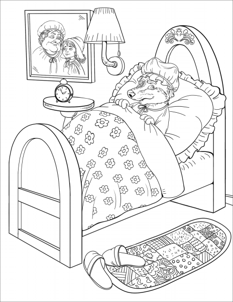 The Wolf Gets into Grandmother’s Bed coloring page image