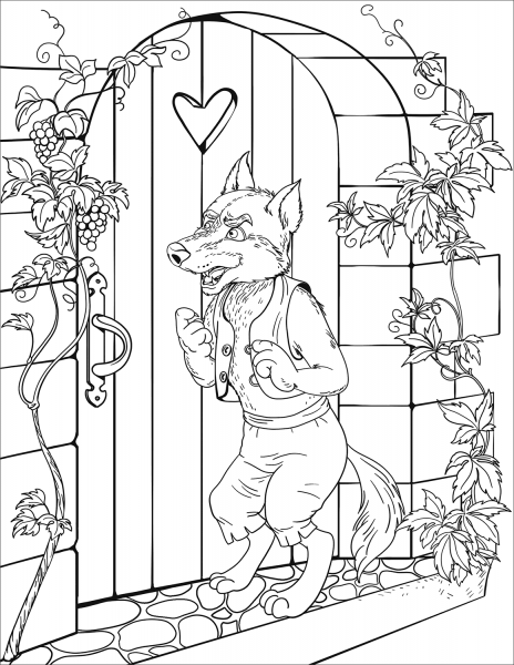 The Wolf Knocks on the Door of the Grandmother’s House coloring page image