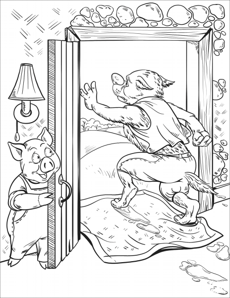 The Wolf Run Away from the Brick House coloring page image