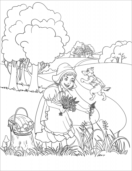 The Wolf Runs to Grandmother’s House While a Little Girl Picks Some Flowers coloring page image