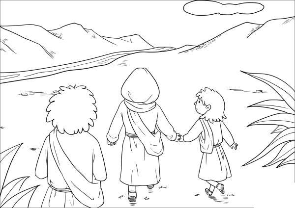 The Woman and Her Family Went Away and Stayed in the Land of the Philistines Seven Years coloring page image