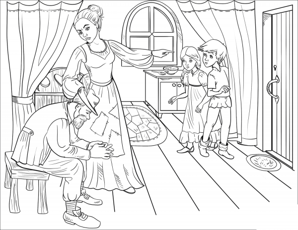 The Woman Asks Husband to Take his Children out into the Forest coloring page image
