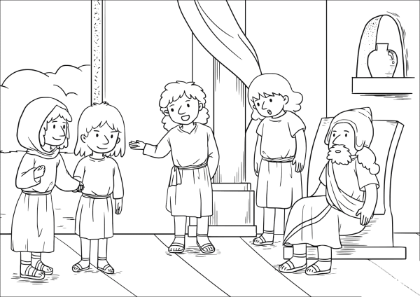 The Woman Whose Son Elisha Had Brought Back to Life Came to Appeal to the King for Her House and Land coloring page image