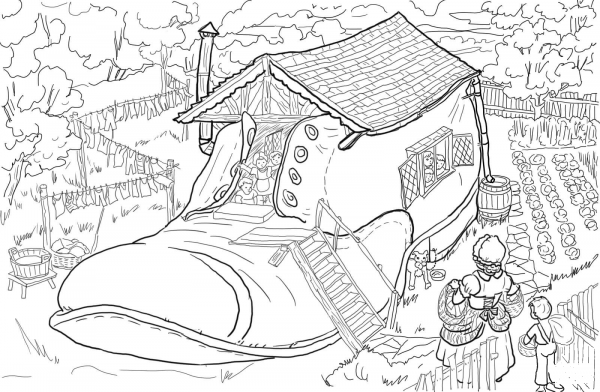 There Was an Old Woman Who Lived in a Shoe coloring page image