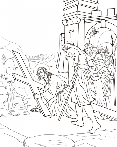 Third Station – Jesus Falls the First Time coloring page image