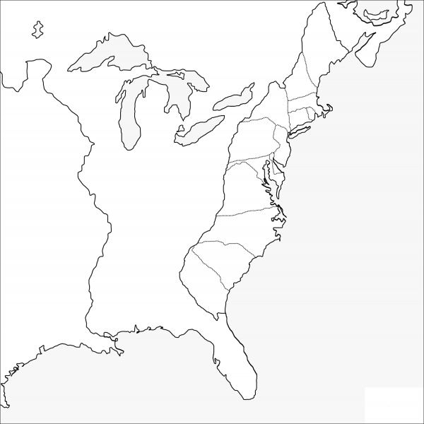 Thirteen Colonies Blank Map coloring page image