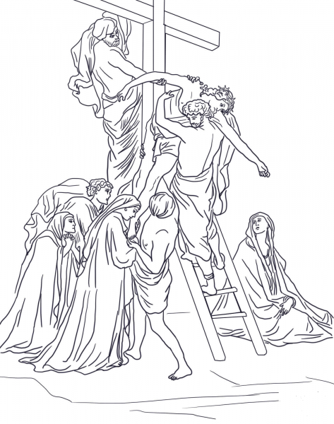 Thirteenth Station – Jesus is Taken Down from the Cross coloring page image