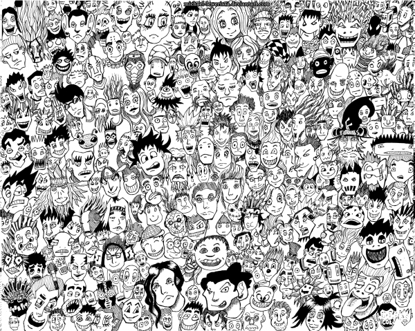 Thousand Faces Doodle coloring page image