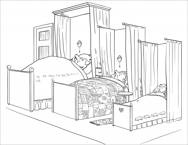 Three Bears Sleep in Their Beds coloring page image