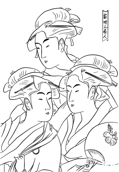 Three Beauties of the Present Day by Kitagawa Utamaro coloring page image
