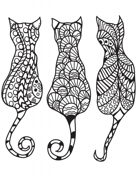Three Cats in Zentangle Style coloring page image