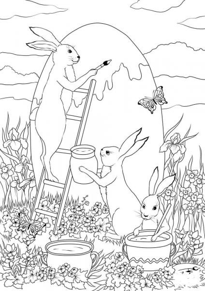 Three Easter Bunnies are Painting a Huge Easter Egg coloring page image