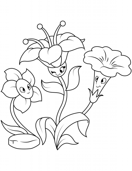 Three Funny Flower Characters coloring page image