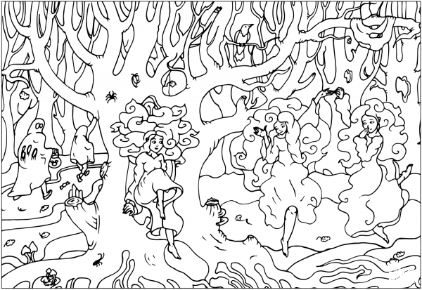 Three Ghosts in a Haunted Woods coloring page image