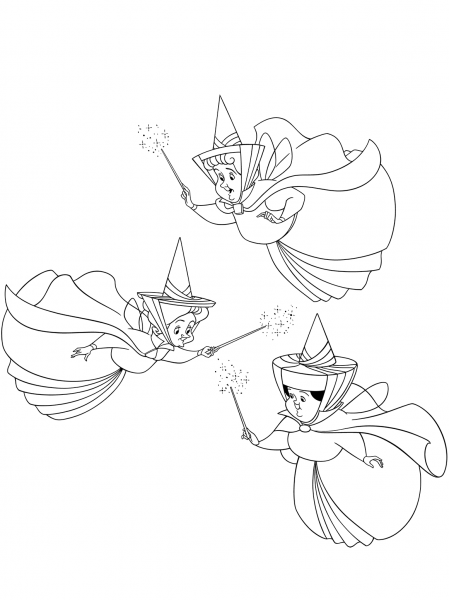 Three Good Fairies – Flora, Fauna and Merryweather coloring page image
