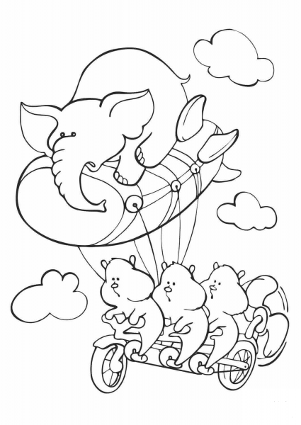 Three Hamsters Pedaling a Dirigeable Airship in the Sky with An Elephant on the Balloon coloring page image