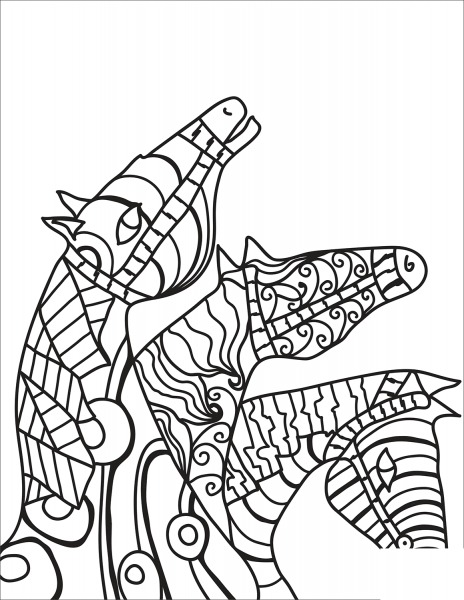 Three Horses Zentangle coloring page image