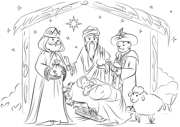 Three Kings Visit Baby Jesus – Adoration of the Magi coloring page image