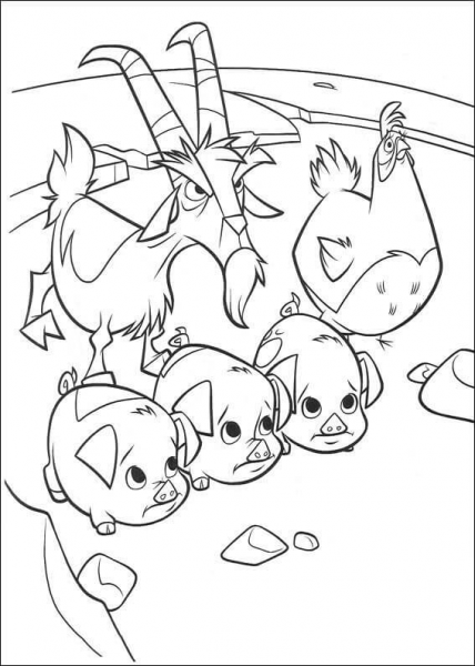 Three pigs, angry goat and cock  coloring page image