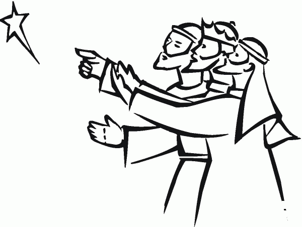 Three Wise Men Pointing at Christmas Star coloring page image