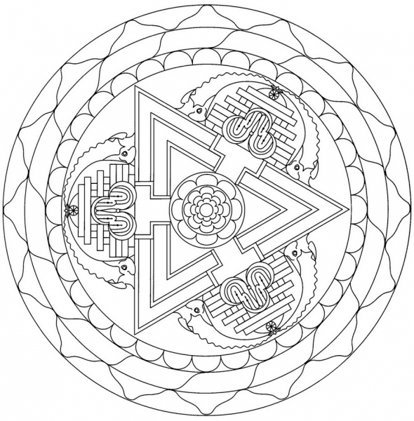 Tibetan Mandala with Triangle coloring page image