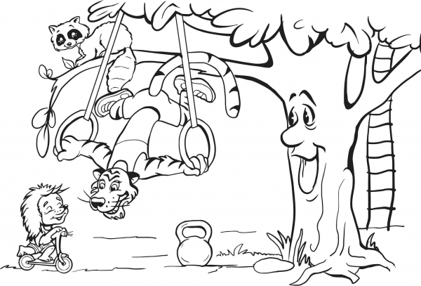 Tiger is Doing Ring Training Exercises While Hedgehog is Cycling coloring page image