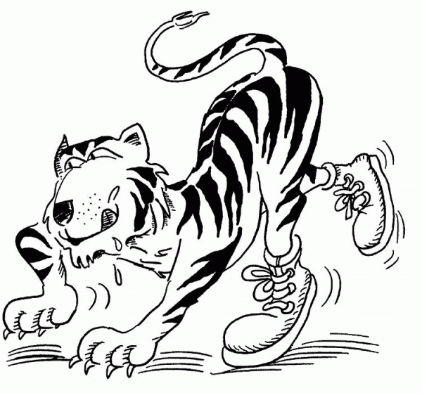 Tiger Is Running With Its Shoe coloring page image