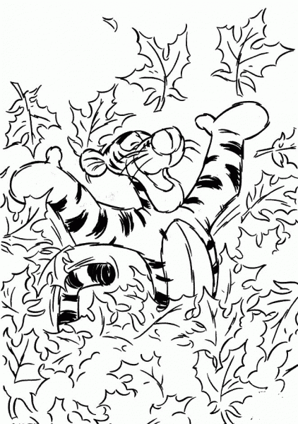 Tigger plays with the leaves coloring page image