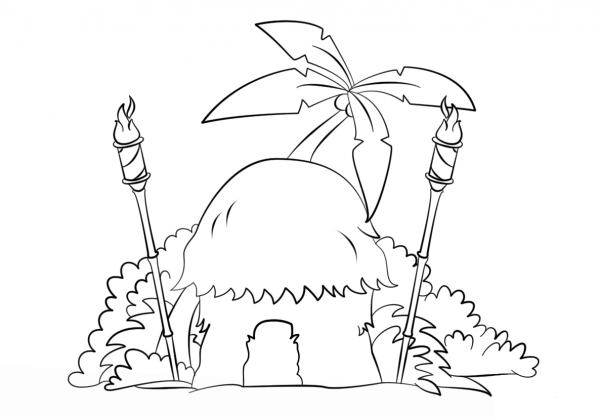 Tiki Hut with Torches coloring page image