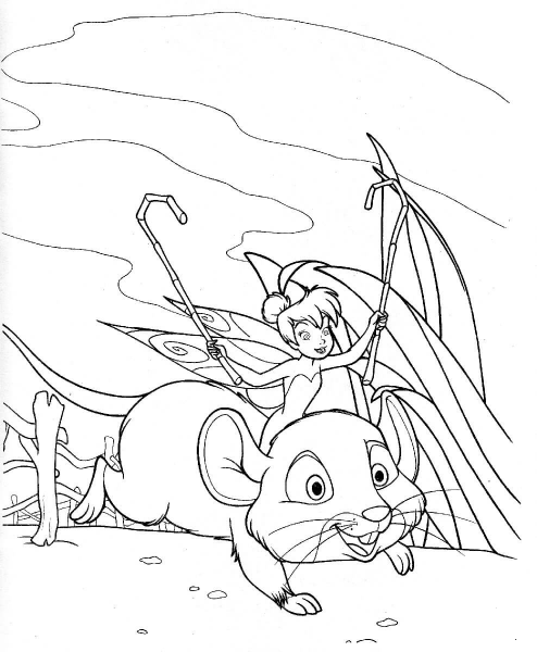 Tinker Bell is riding on the Mouse  coloring page image