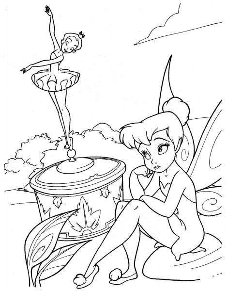 Tinkerbell is looking at a ballet dancer statue  coloring page image