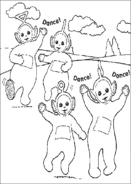 Tinky-Winky, Dipsy, Laa-Laa and Po are Dancing Together  coloring page image