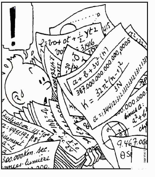 Tintin is covered by papers with formulas on them coloring page image