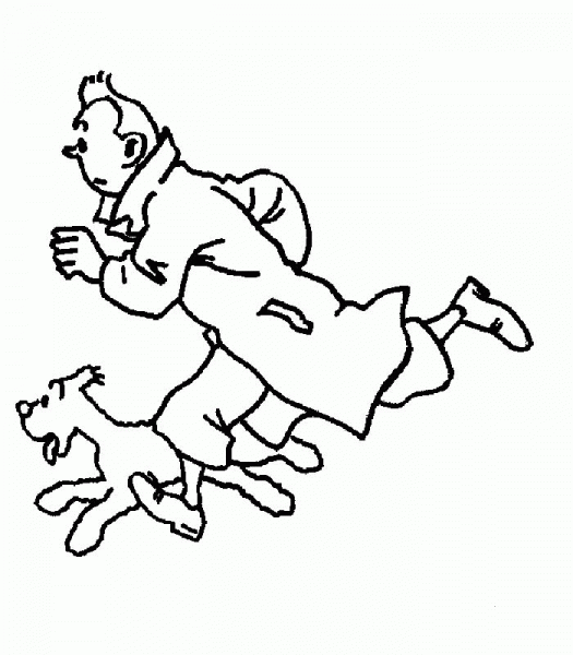 Tintin is running with his dog Snowy coloring page image