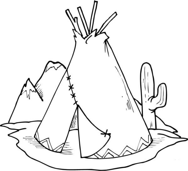 Tipi (Teepee) and Cactus coloring page image