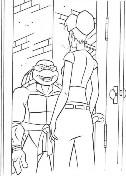 TMNT visiting April O’Neil coloring page image