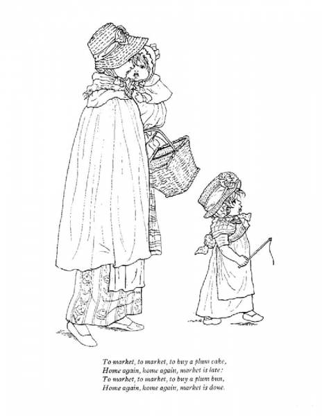 To market, to market, to buy a plum cake coloring page image