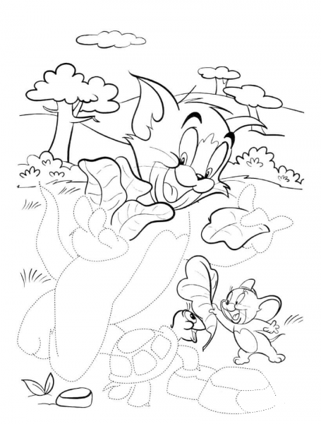 Tom And Jerry With Turtle  coloring page image