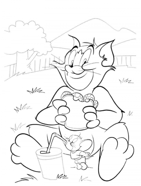 Tom is eating a Sandwich And Jerry is drinking a Cocktail  coloring page image