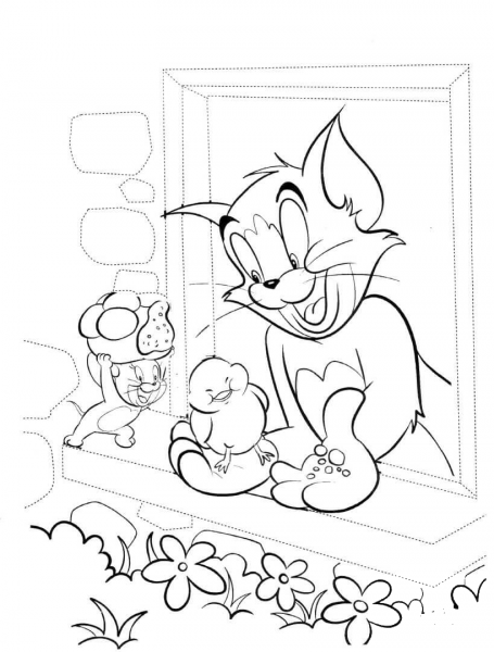 Tom Is Playing With a Bird  coloring page image