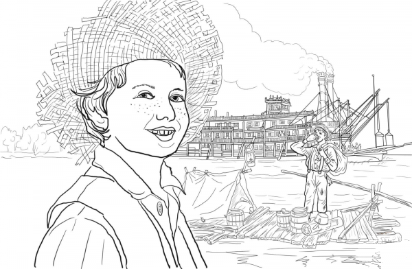 Tom Sawyer and Huckleberry Finn on a Raft coloring page image