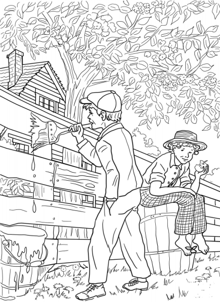 Tom Sawyer and Whitewashing the Fence coloring page image