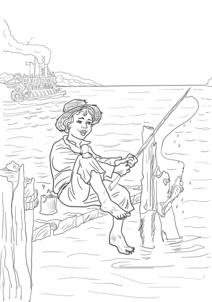 Tom Sawyer is Fishing in the Mississippi coloring page image