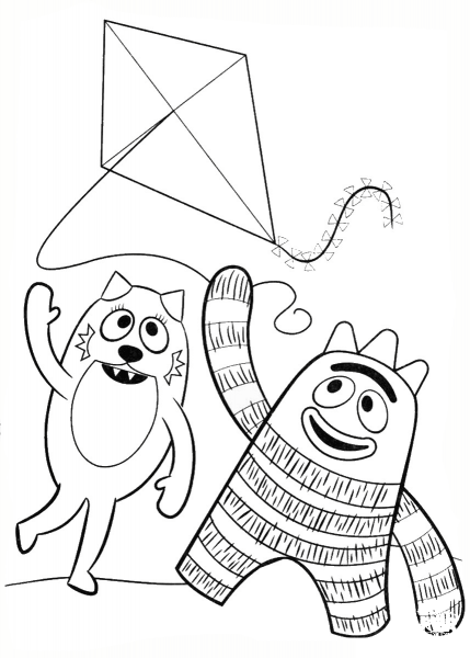 Toodee and Brobee are Playing with Kite coloring page image