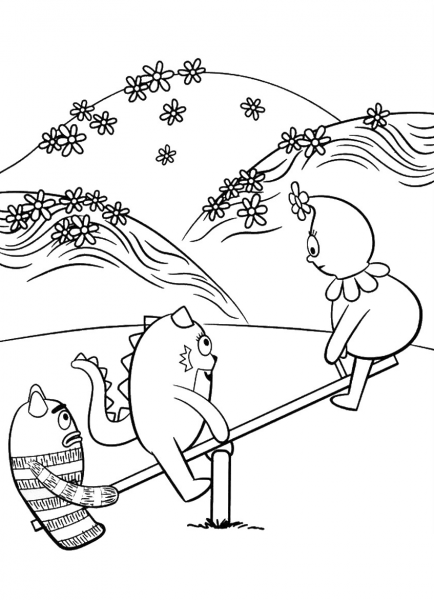Toodee Brobee and Foofa are Playing on Swing coloring page image