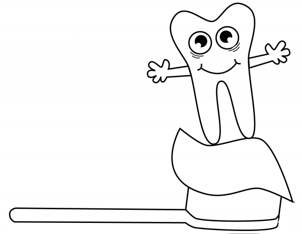 Tooth on Toothbrush coloring page image