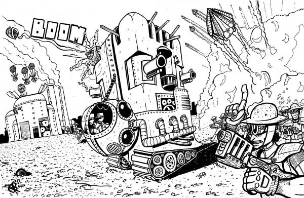 Tower tank machine steampunk inspired by Metal Slug coloring page image