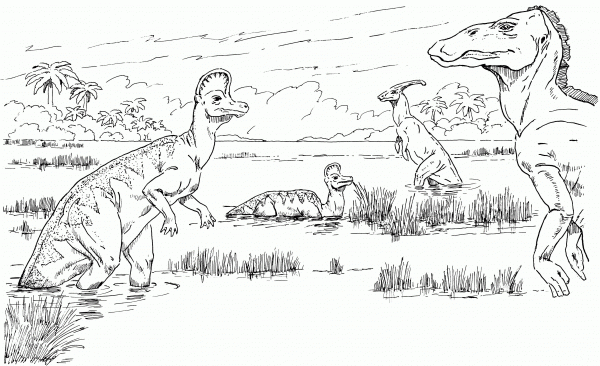 Trachodon, Parasaurolophus, Anatosaurus and Corythosaurus coloring page image