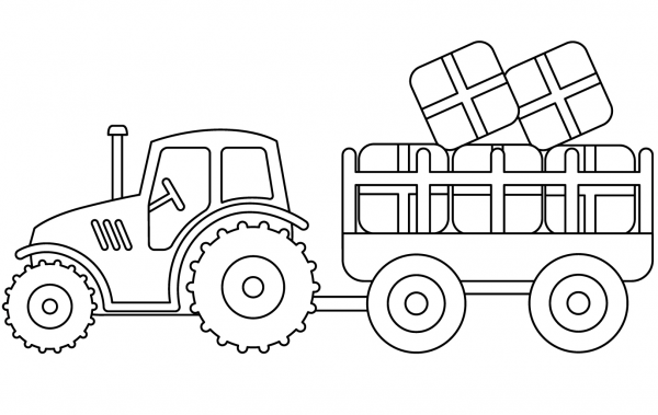 Tractor and Hay Wagon coloring page image